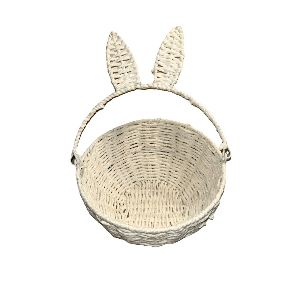 9x5 Easter White Bunny Rabbit Theme Round Straw Wicker Basket